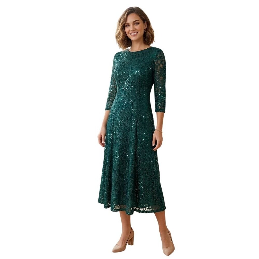 Jessica Howard NWT Emerald Lace Dress With Sequins 3/4 Sleeves Size 10